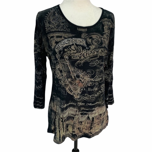 MONA Lisa🖤Graphic Black 3/4 Sleeve Scoop Neck T-Shirt Top - Picture 2 of 8